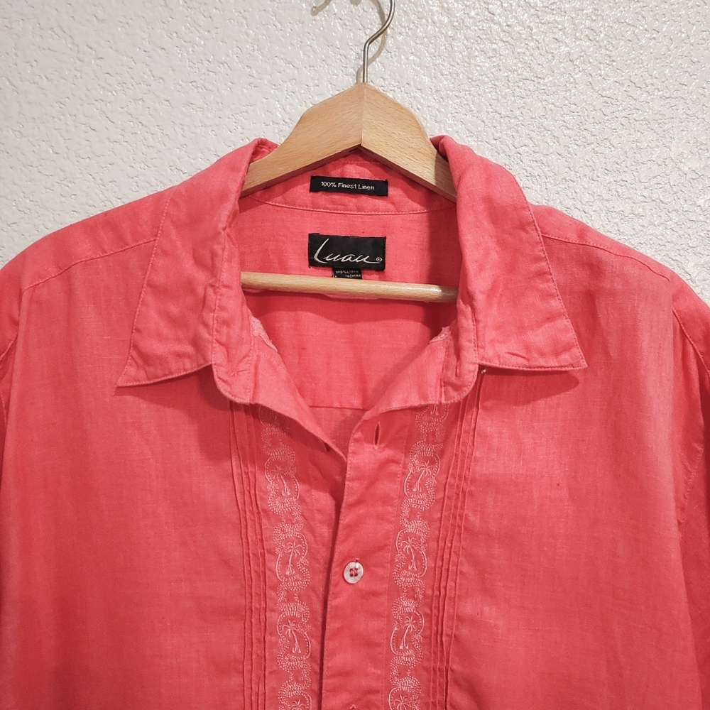 Luau 100% Linen Coral Red Hawaii Aloha Shirt Size XL - Picture 3 of 9
